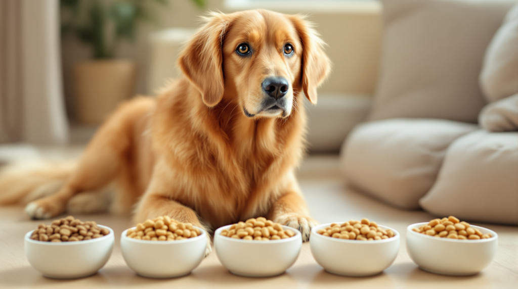 Cão adulto ao lado de quatro tigelas com diferentes tipos de ração