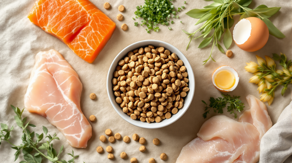 Tigela de ração para gatos cercada por ingredientes naturais